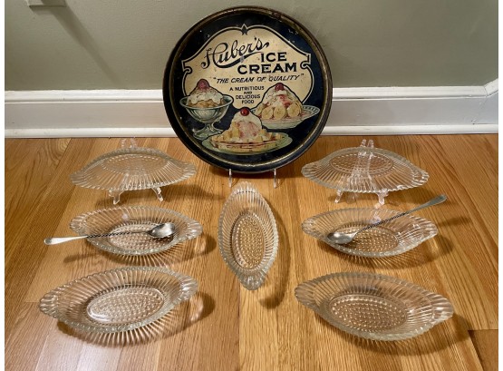 Antique Huber's Ice Cream Tray & Seven Banana Split Pressed Glass Bowls