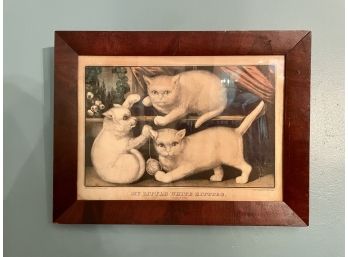Mid 1800s Framed Hand Colored Currier & Ives 'My Little White Kitties Playing Ball' Lithograph