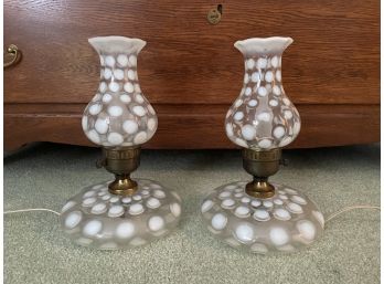 Pair Of Vintage Jefferson Glass Company White Opalescent Coin Spot Pancake Lamps