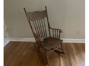 Antique Pressed Back Oak Rocking Chair With Bentwood Arms