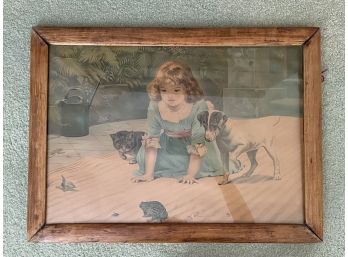 Precious Early 1900s Print Of A Curious Girl, Puppy & Kitten