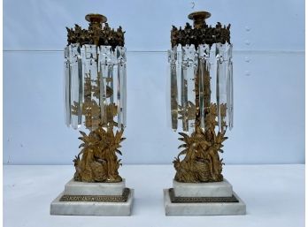 Pair Of Antique Bronze Candelabra With Marble Plinth & Crystal Prisms