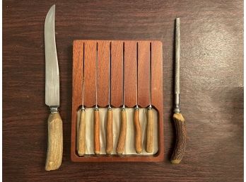 Antler Handled Knife Set With Carving Knife & Sharpener