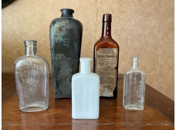 Antique Glass Bottle Collection Including Foley's Kidney Remedy Bottle, Circa 1906
