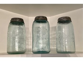 Three Pale Blue Mason Jars With Zinc Lids From The Mid 1800s - Mid 1910s