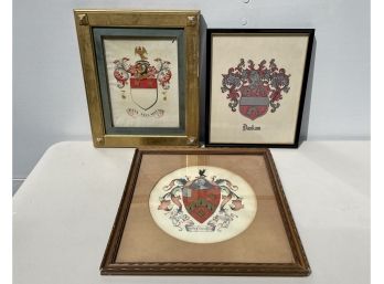 Three 18th & 19th Century Watercolors Of Family Crests / Coat Of Arms