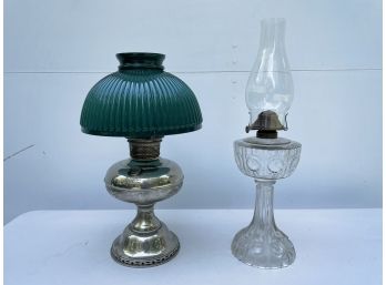Plume & Atwood Kerosene Lamp With Green Shade & Pressed Glass Oil Lamp