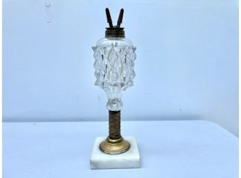 Unique Double Wick Crystal & Bronze Oil Lamp On Marble Plinth