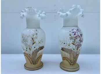 Stunning Pair Of Large Frosted Victorian Bristol Glass Hand Blown Ribbon Vases