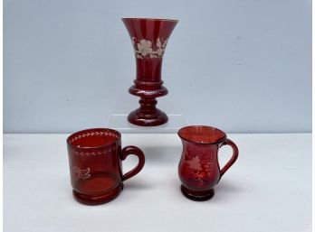 Group Of Antique Bohemian Glass With Red Flashing