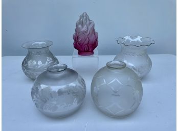 Four Etched Glass Ball Style Shades & Cranberry Art Glass Flame Style Pendant Shade