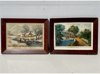 Two Antique Currier & Ives Hand Colored Lithographs, The Roadside Mill & The Ingleside Winter