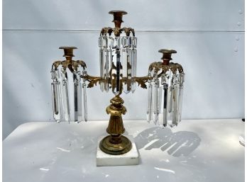 Bronze Candelabra On Marble Plinth With Hanging Crystal Prisms