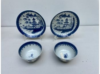 Small Vintage Asian Blue & White Bowls And Plates