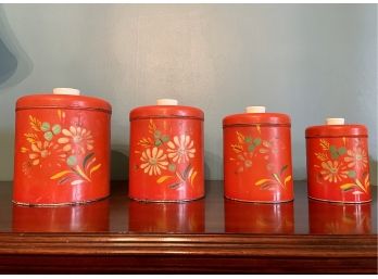 Set Of Four Mid Century Orange Ransburg Hand Painted Floral Metal Canisters, Made In Indianapolis