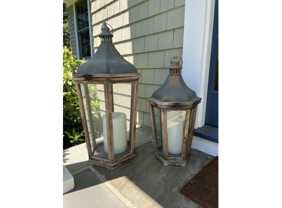 Pair Outdoor Rustic Wood Lanterns