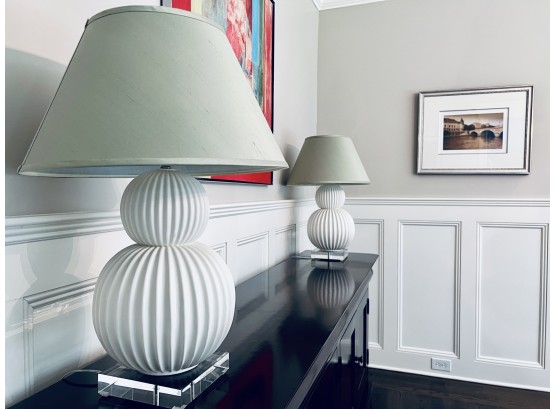 Pair Ceramic Stacked Ball Lamps On Acrylic Base With Celedon Shades