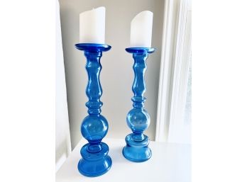Pair Blue Glass Candle Holders