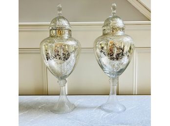Pair Tall Mercury Glass Decorative Jars