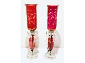 Pair Lovely Vintage Ruby Red Etched Glass Lamps