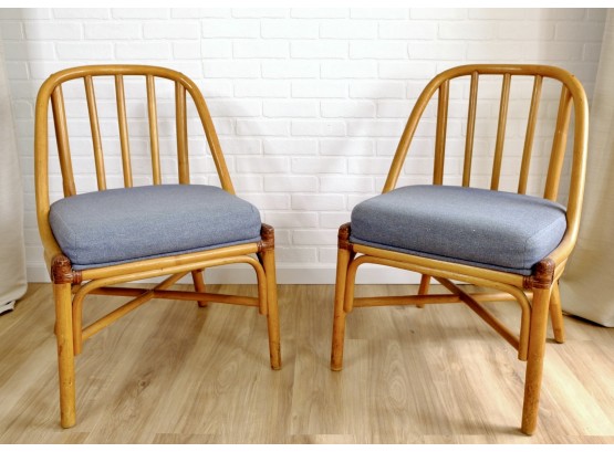 Pair Of Vintage Mid-century Bentwood And Rattan Chairs With Cushions