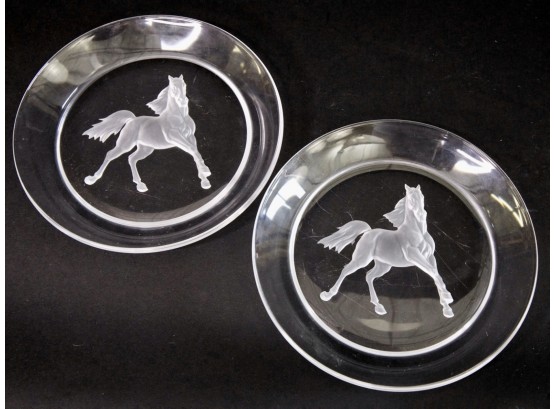 Vintage Hoya Tokyo Crystal Plate Pair With Intaglio Horse Design