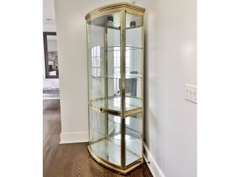 Stunning Mirrored Brass Bow Front Display Case Curio Cabinet, Lighted With Glass Shelving (2 Of 2)