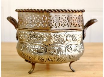 Beautiful Vintage Embossed Copper And Brass Footed Pot With Handles
