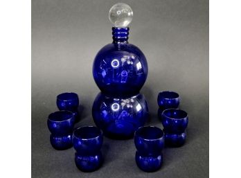 Vintage Cobalt Blue Art Glass Decanter And Cordial / Aperitif Glasses
