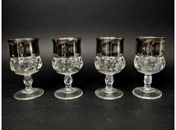 Mid-century Silver Banded Pressed Pattern Crystal Wine Goblets