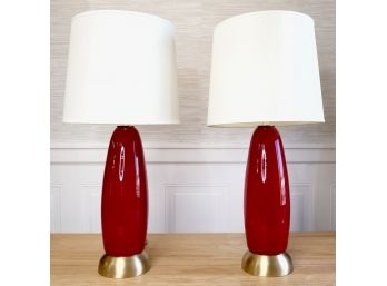 Stunning Pair Of Ruby Red Murano Style Lamps