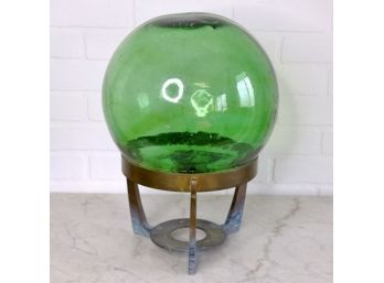 Mid-century Green Blown Glass Orb With Brass Stand