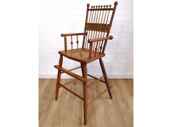 Vintage Cane And Wicker High Chair With Fluted Stick And Ball Design