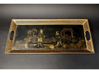 19th Century Oriental Inspired Black & Gold Stenciled Metal Toleware Serving Tray