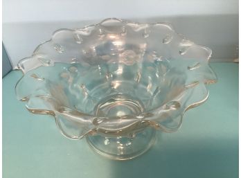 Vintage Etched Crystal  Footed Bowl Ruffle Rim (9 Inches In Diameter)