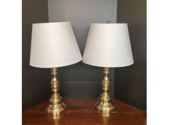 Pair Vintage Brass Tone Lamps Large White Shades