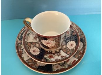 Vintage Numbered  Porcelain Imari Style Tea Cup, Saucer, And Side Plate