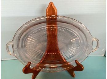 Vintage Pink Depression Era Glass Madrid Oval Serving Plate Tab Handles - 11 Inches In Length