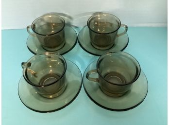 Vintage Arcoroc France  Set Of Four  (4) Smokey Grey Demitasses And Saucers
