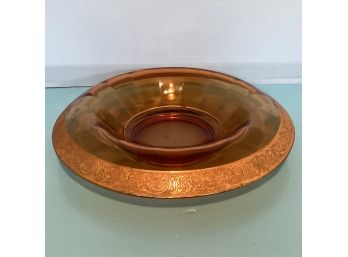 Vintage Amber Depression Glass Round Tiffin Bowl Gold Trim