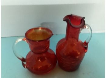 Vintage Pair Red Hand Blown Crackle Glass Pieces