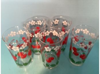 Vintage Set Of  Five (5) Floral Cherry Water/Juice Glasses