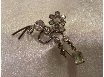 Vintage Silver Tone  Flower Pin With Pronged White Rhinestones