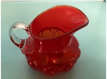 Vintage Ruby Red Pitcher Clear Glass Handle - Pontil Mark - 7 Inches In Height