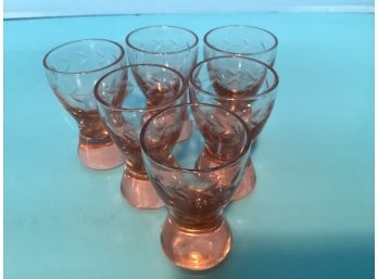Vintage Set Of Six (6) Etched Pink Cordial Glasses