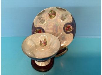 Vintage Japanese Blue Lustre Footed Teacup And Saucer Courting Couple Scene