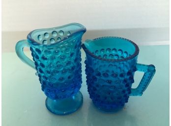 Vintage Pair Of Colonial Blue Footed Mini Hobnail Creamer