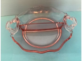 Vintage Pink Depression Round Divided Dish Square Handles (7 Inches In Diameter)