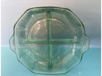 Vintage Round Tabbed  Green Depression Madrid Divided Dish (8 Inches In Diameter)