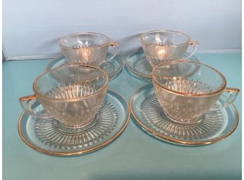 Vintage Set Of Four (4) Jeannette Glass Crystal Anniversary Gold Trim Depression Era Cups And Saucers